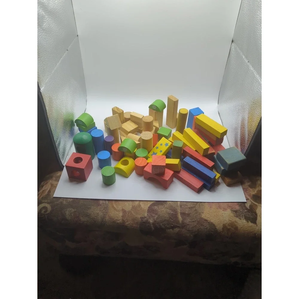 65 Wooden Building Blocks Lot Mixed Shapes Kids Toys Educational